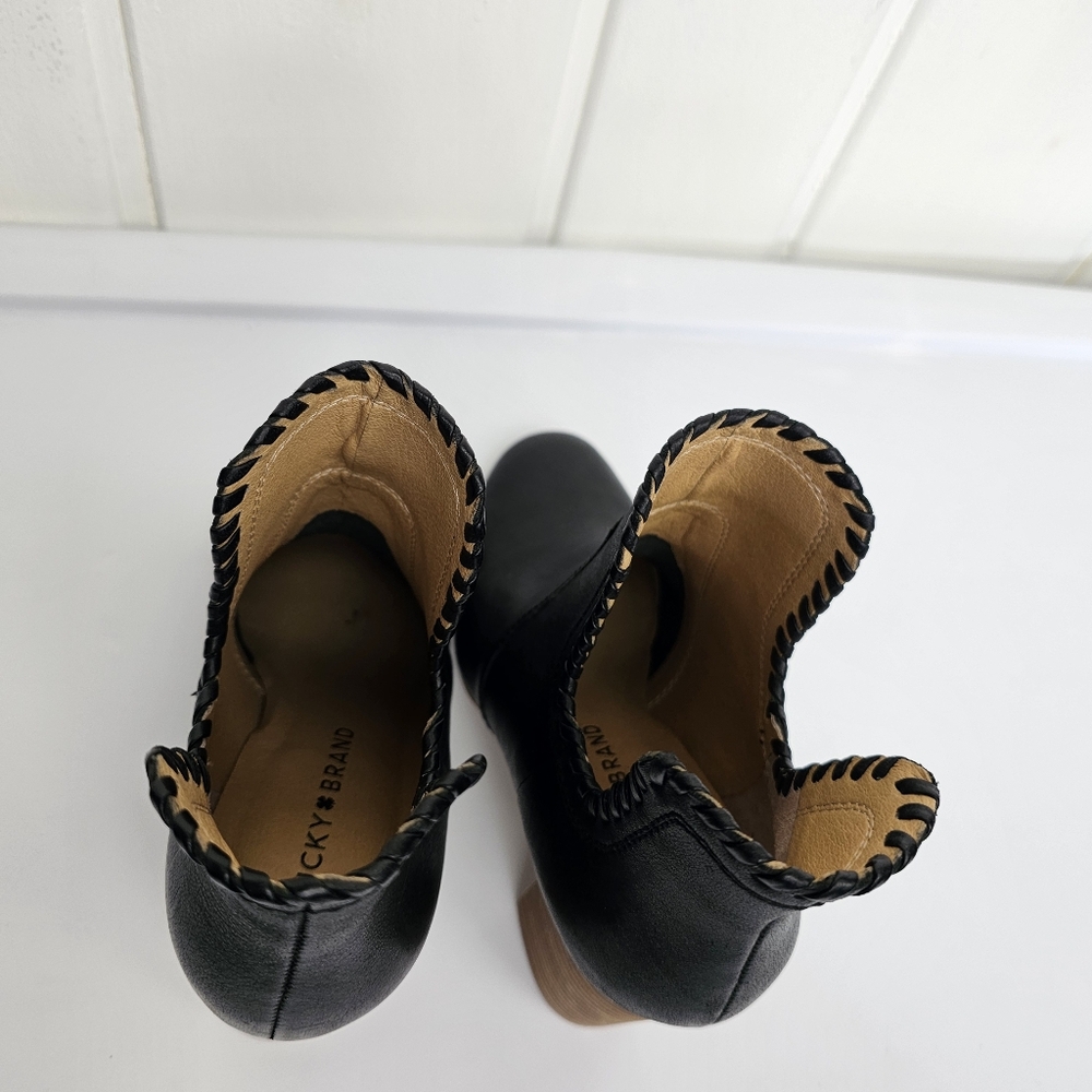 Nwob Lucky Brand Lk SIVYA Black Tan Leather Ankle Booties 5.5 - Picture 6 of 13